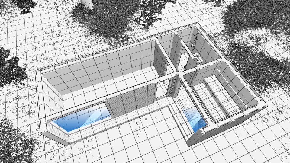 Návrh sauny futry – detailní sketch zobrazující design a uspořádání pro dokonalou relaxaci